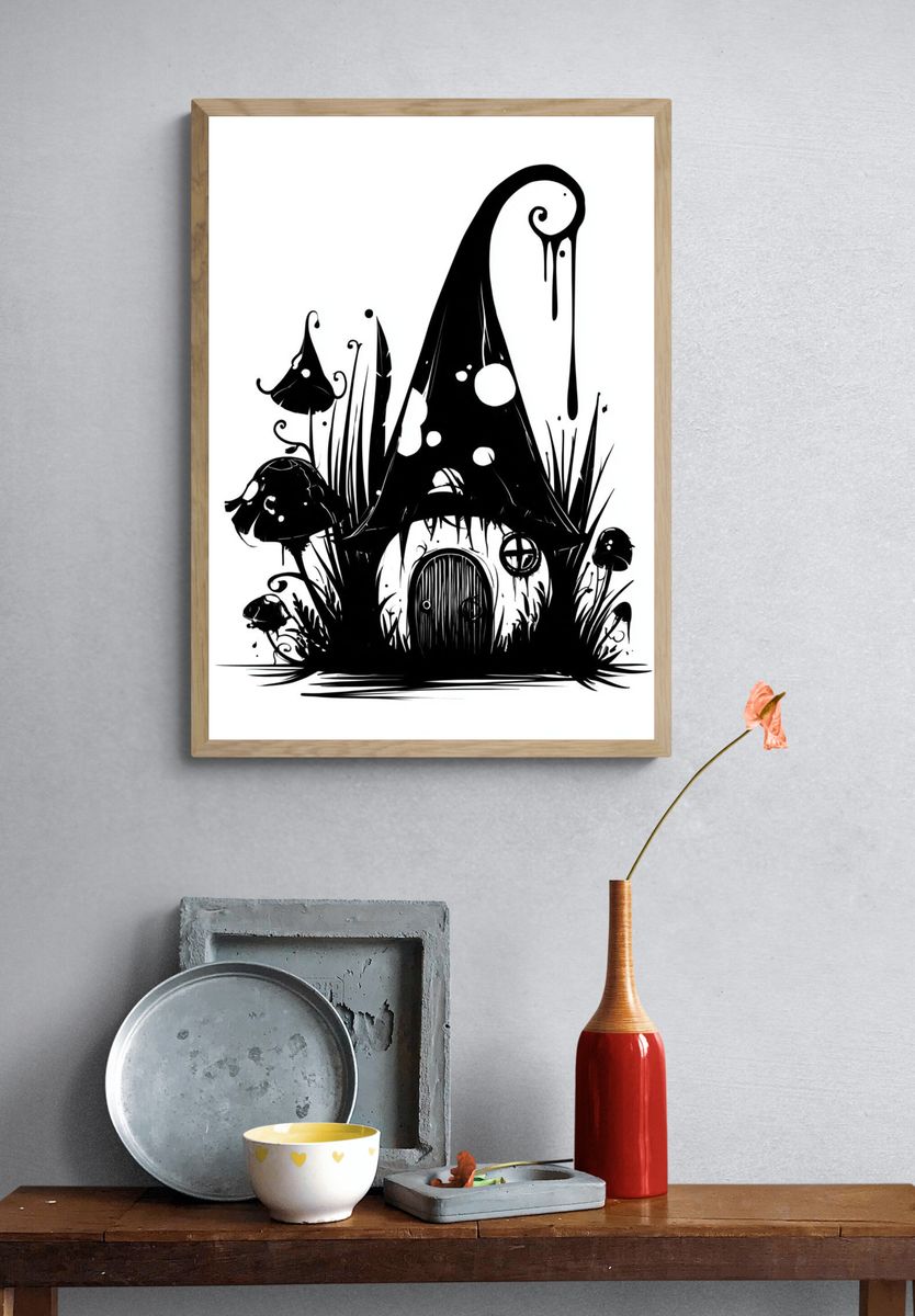 Whimsical Mushroom House Illustration Poster. — room view 3
