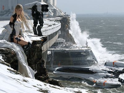 Sci-Fi Cliffside Seascape Poster. poster