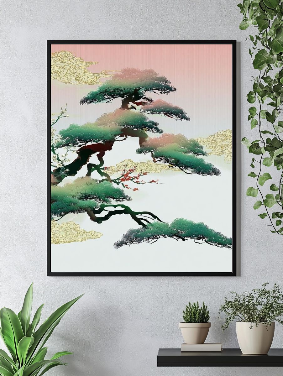 Zen Pine Clouds Illustration Poster. — room view 4