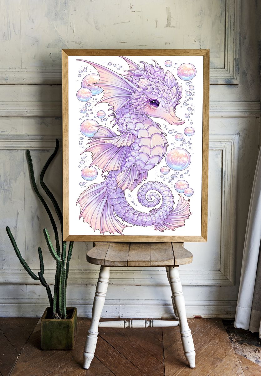 Pastel Seahorse Fantasy Illustration Poster. — room view 1