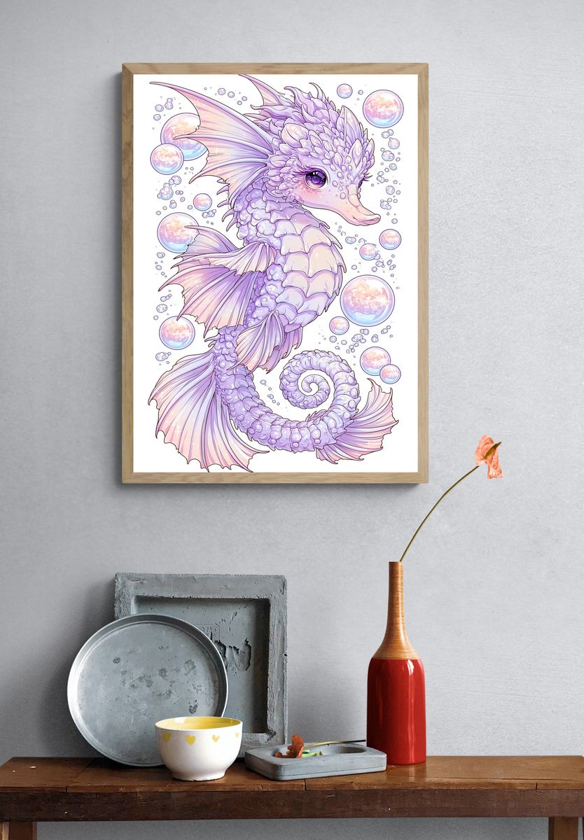 Pastel Seahorse Fantasy Illustration Poster. — room view 3