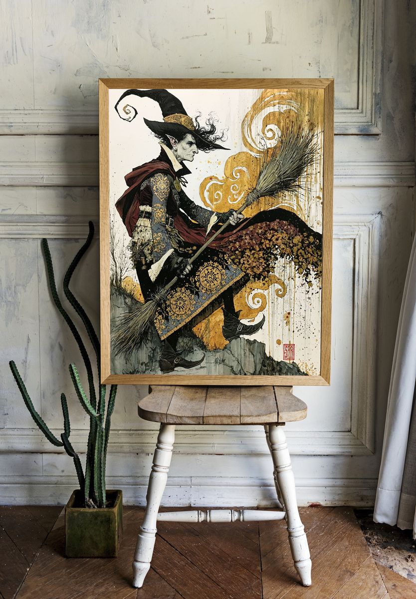 Witch on Broom Illustration Poster. — room view 1