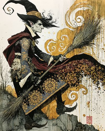 Witch on Broom Illustration Poster. poster print
