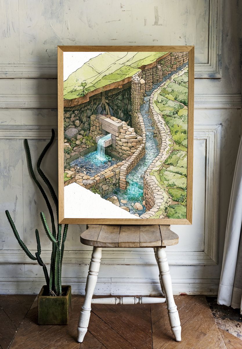 Terraced Stone Waterway Illustration Poster. room preview