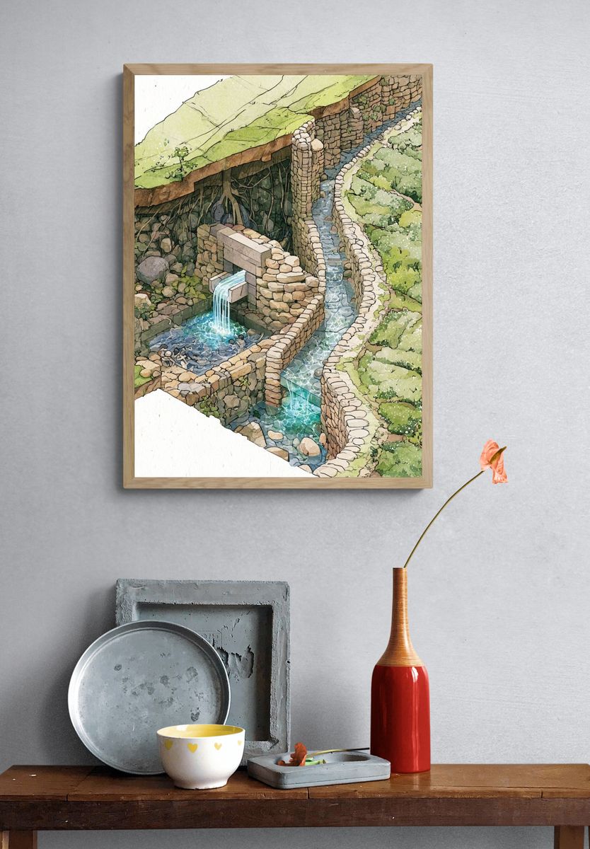 Terraced Stone Waterway Illustration Poster. — room view 3