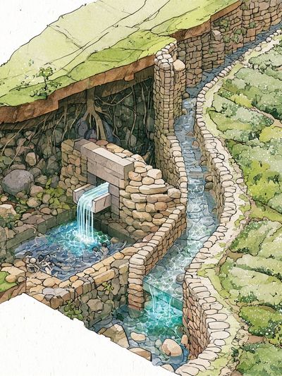 Terraced Stone Waterway Illustration Poster. poster print