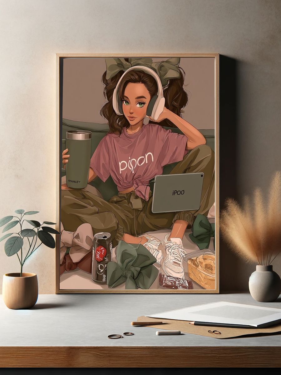Cozy Girl with Headphones Illustration Poster. — room view 2