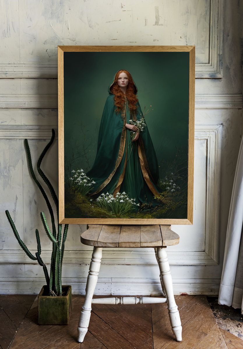 Green Cloaked Woman Illustration Poster. room preview
