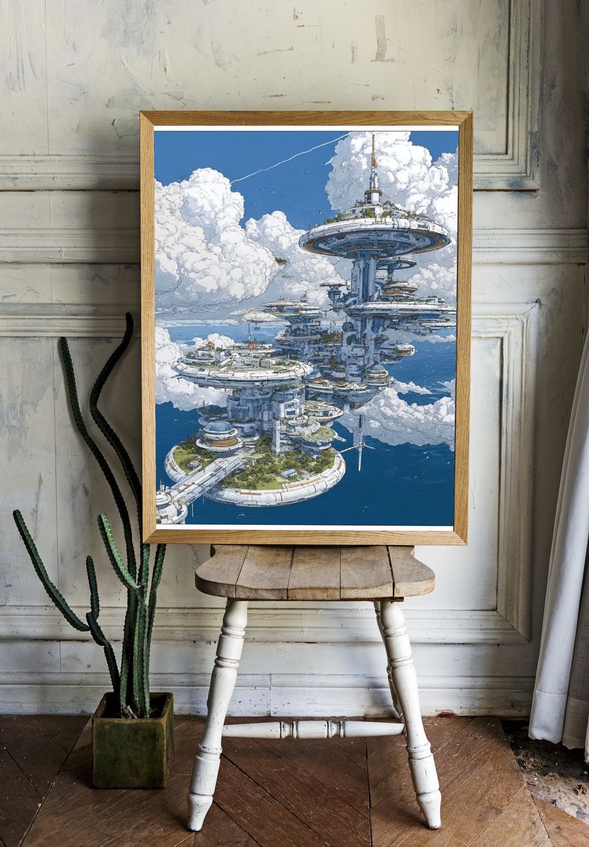 Floating Sky City Sci-Fi Illustration Poster. room preview
