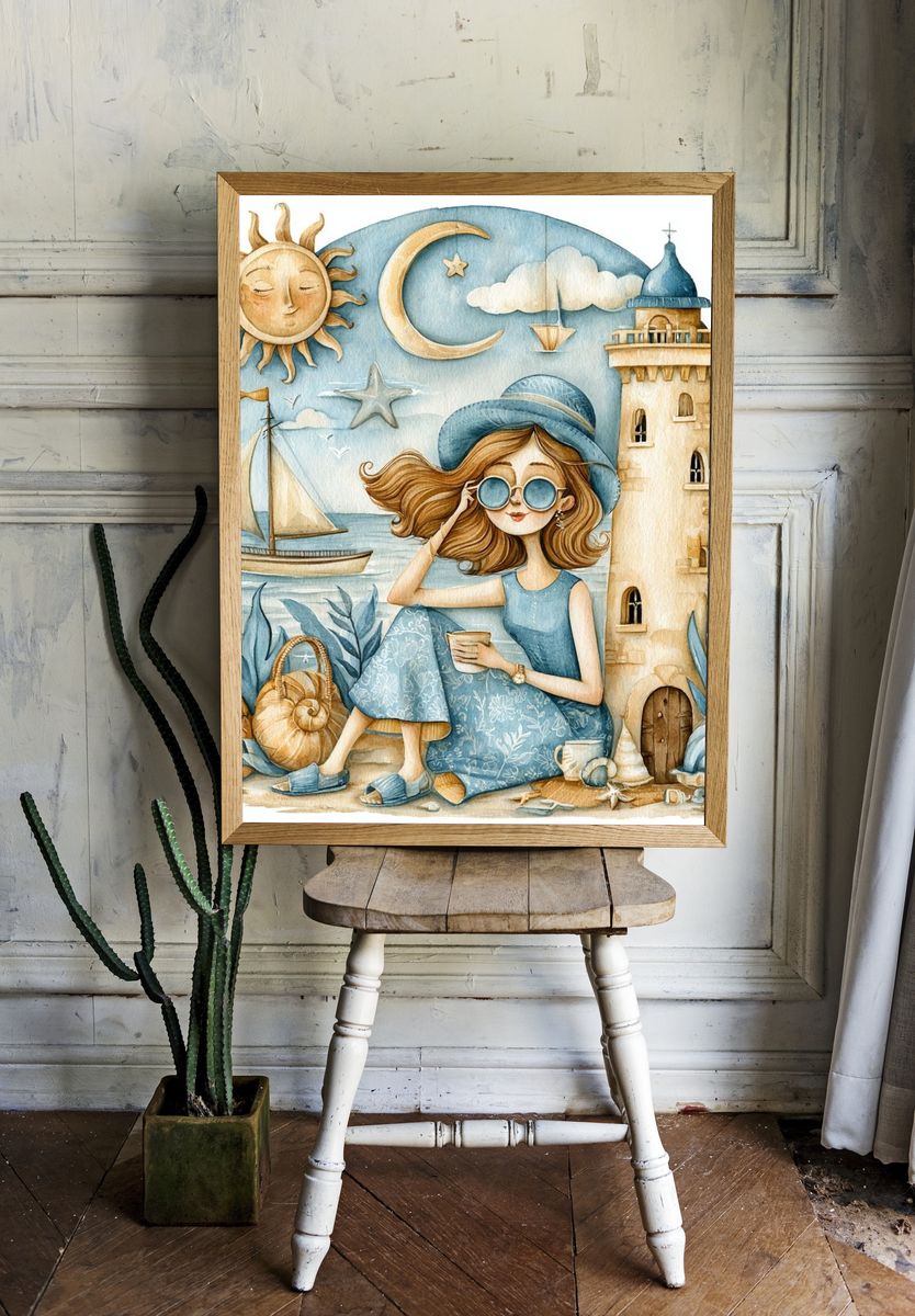 Seaside Girl Watercolor Poster. — room view 1