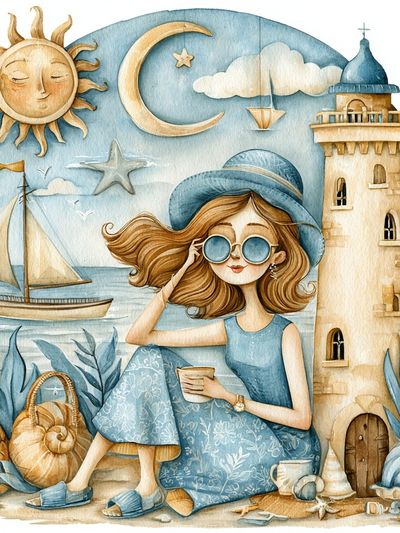 Seaside Girl Watercolor Poster. poster print