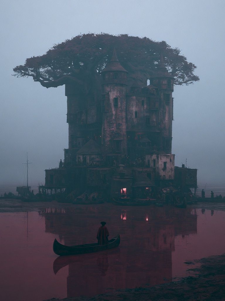 Misty Treehouse Tower Print. poster — illustration art
