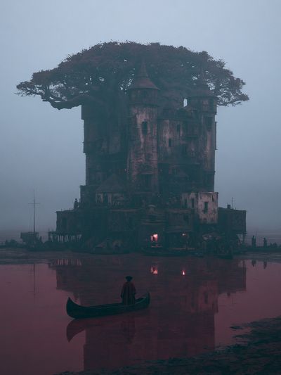 Misty Treehouse Tower Print. poster