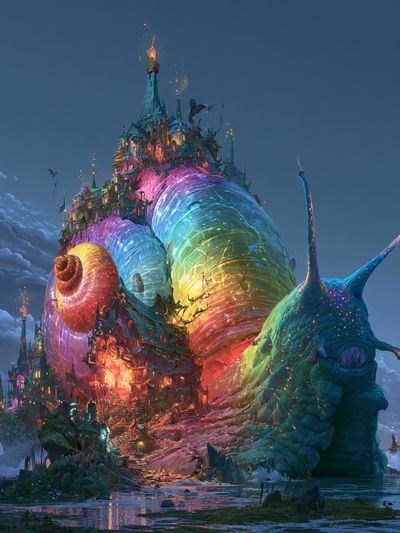 Rainbow Snail Castle Fantasy Print. poster