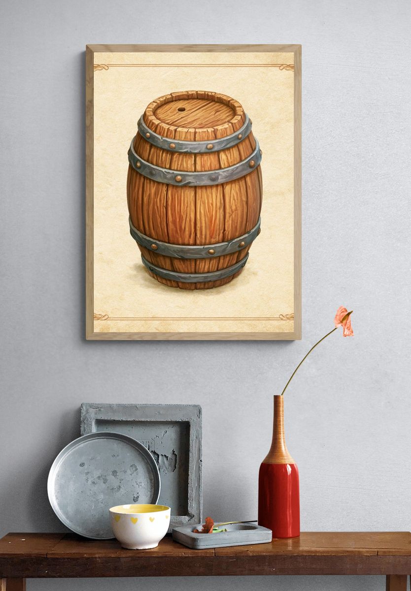 Wooden Barrel Vintage Illustration Poster. — room view 3