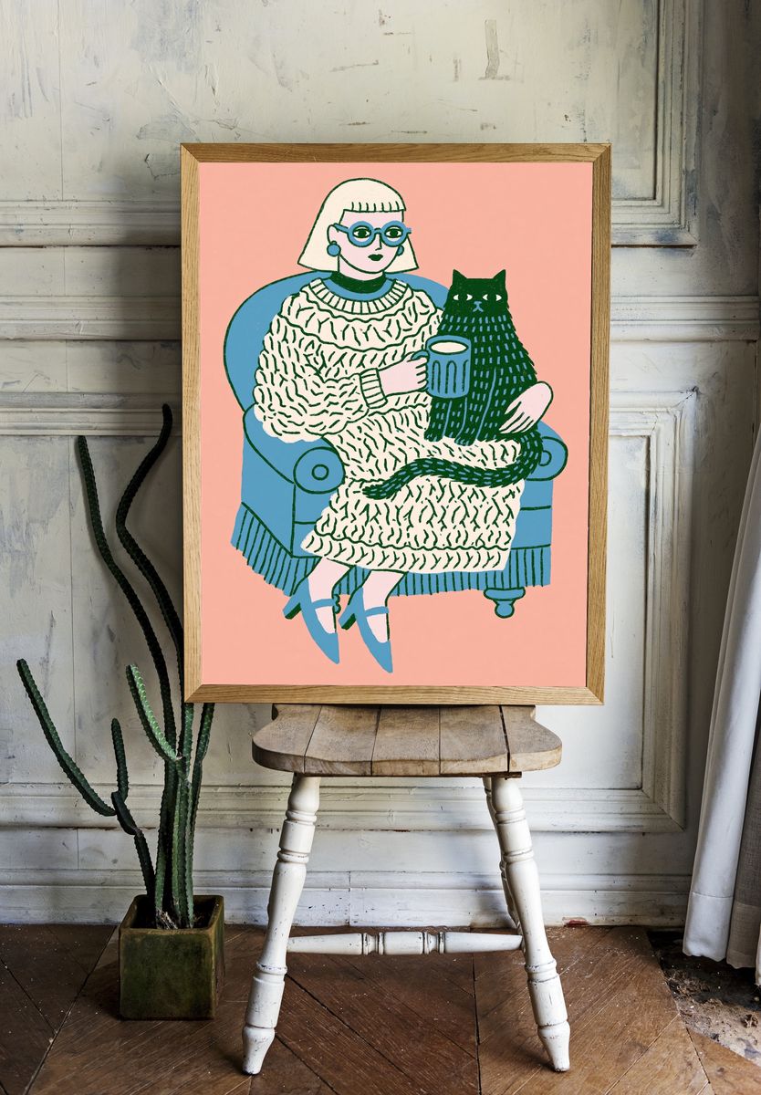 Cat Lady Illustration Poster. room preview