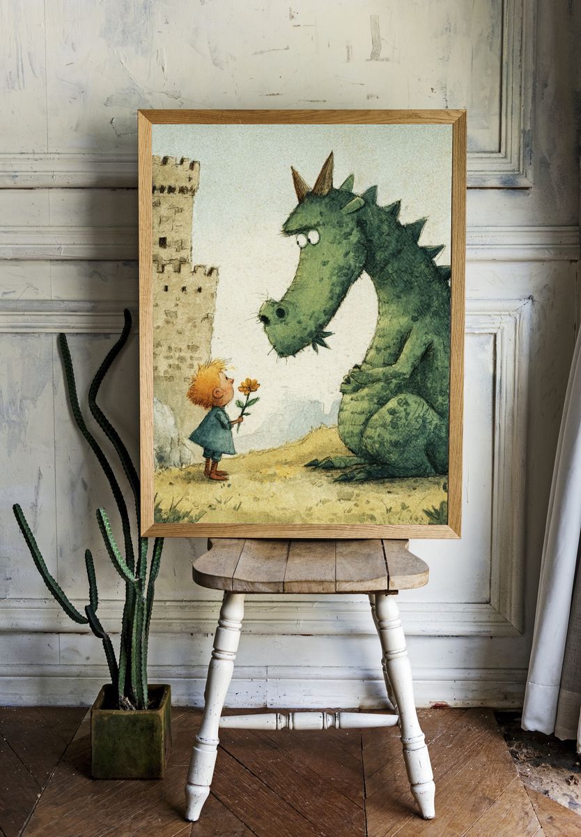Boy and Dragon Watercolor Print. room preview