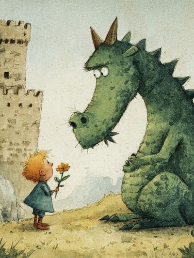 Boy and Dragon Watercolor Print. poster print