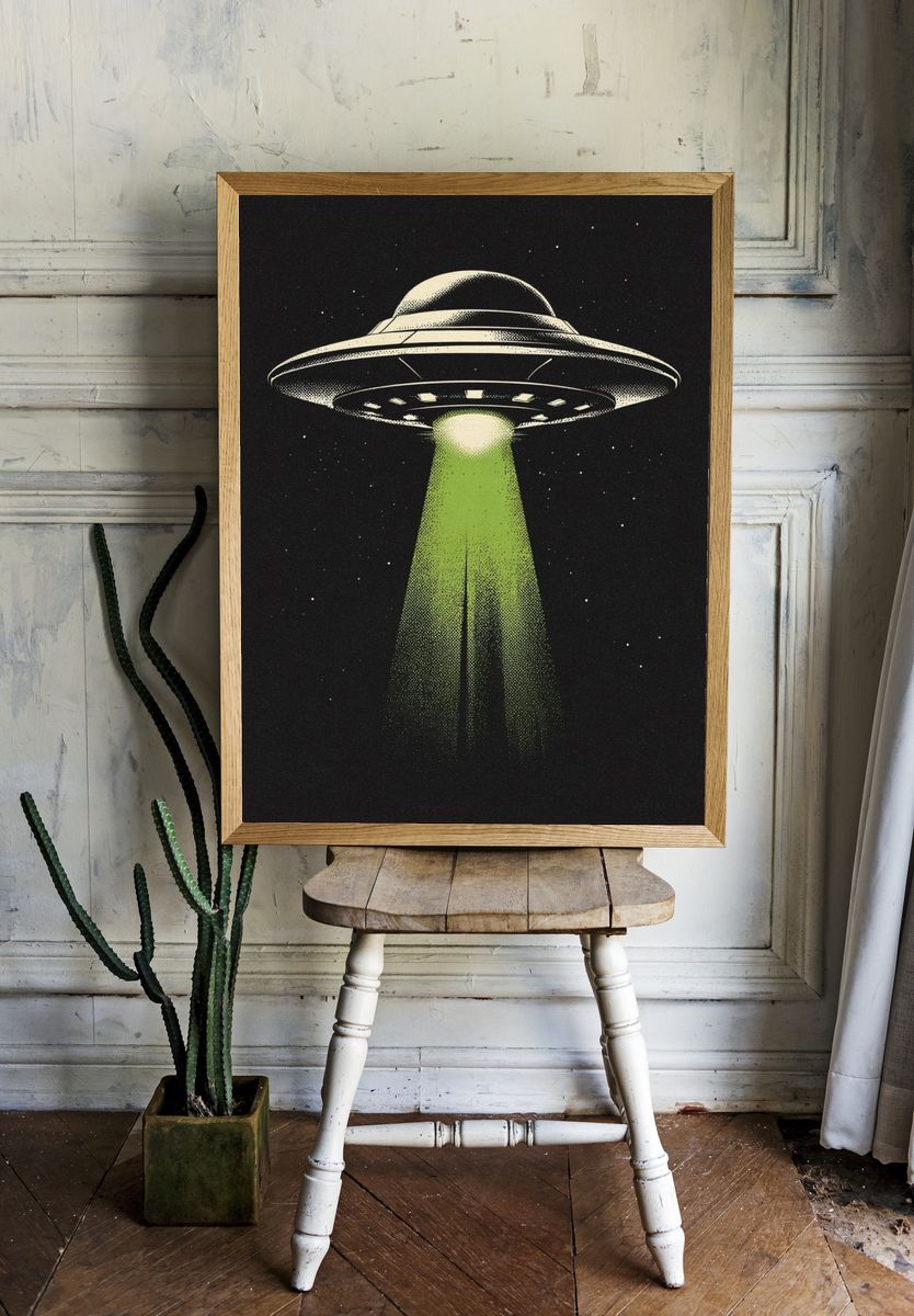 UFO Beam Retro Illustration Poster. room preview