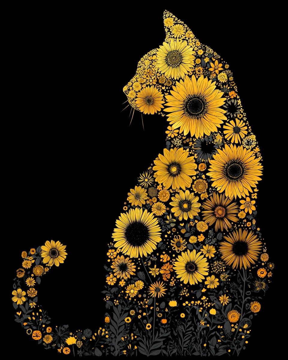 Floral Cat Silhouette Illustration Poster. poster detail