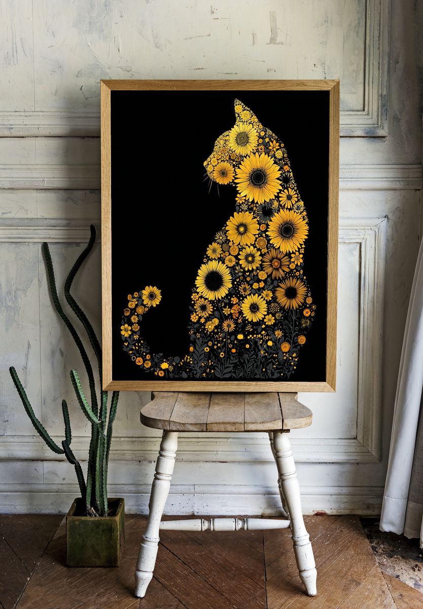 Floral Cat Silhouette Illustration Poster. room preview