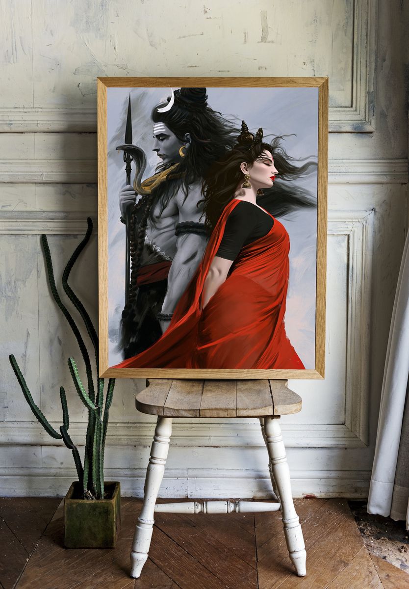 Shiva and Parvati Digital Art Poster. — room view 1