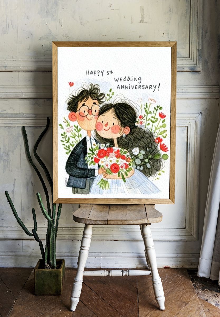 Happy 5th Wedding Anniversary Illustration Poster. — room view 1