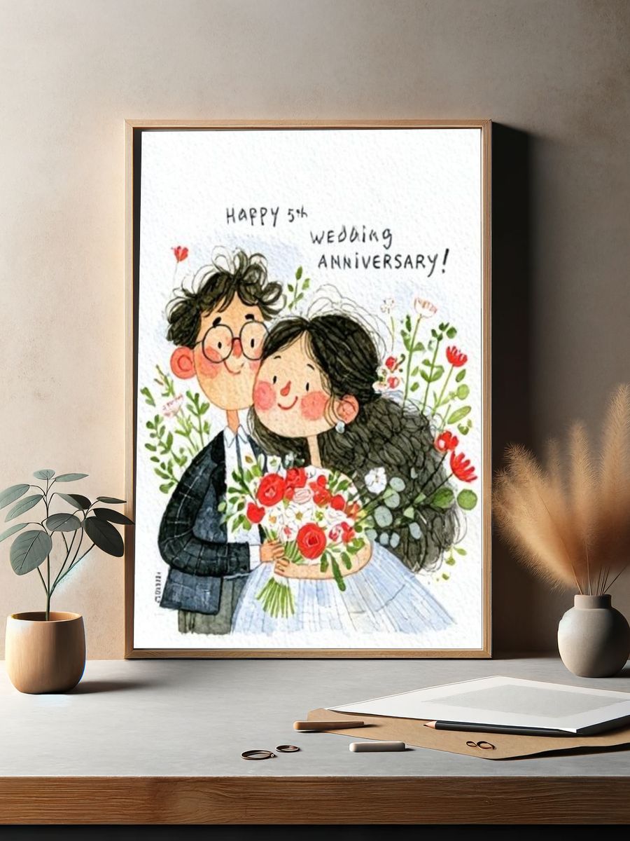 Happy 5th Wedding Anniversary Illustration Poster. — room view 2