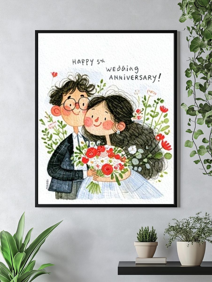 Happy 5th Wedding Anniversary Illustration Poster. — room view 4