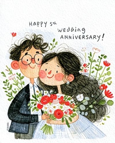 Happy 5th Wedding Anniversary Illustration Poster. poster