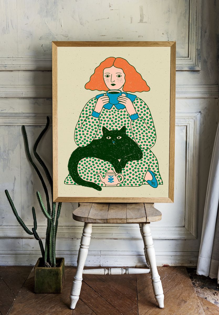 Woman with Cat Illustration Poster. — room view 1