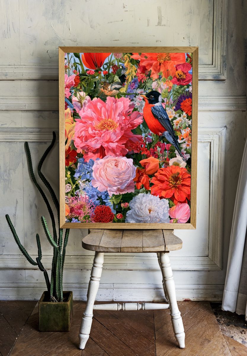 Birds in Bloom Illustration Poster. — room view 1