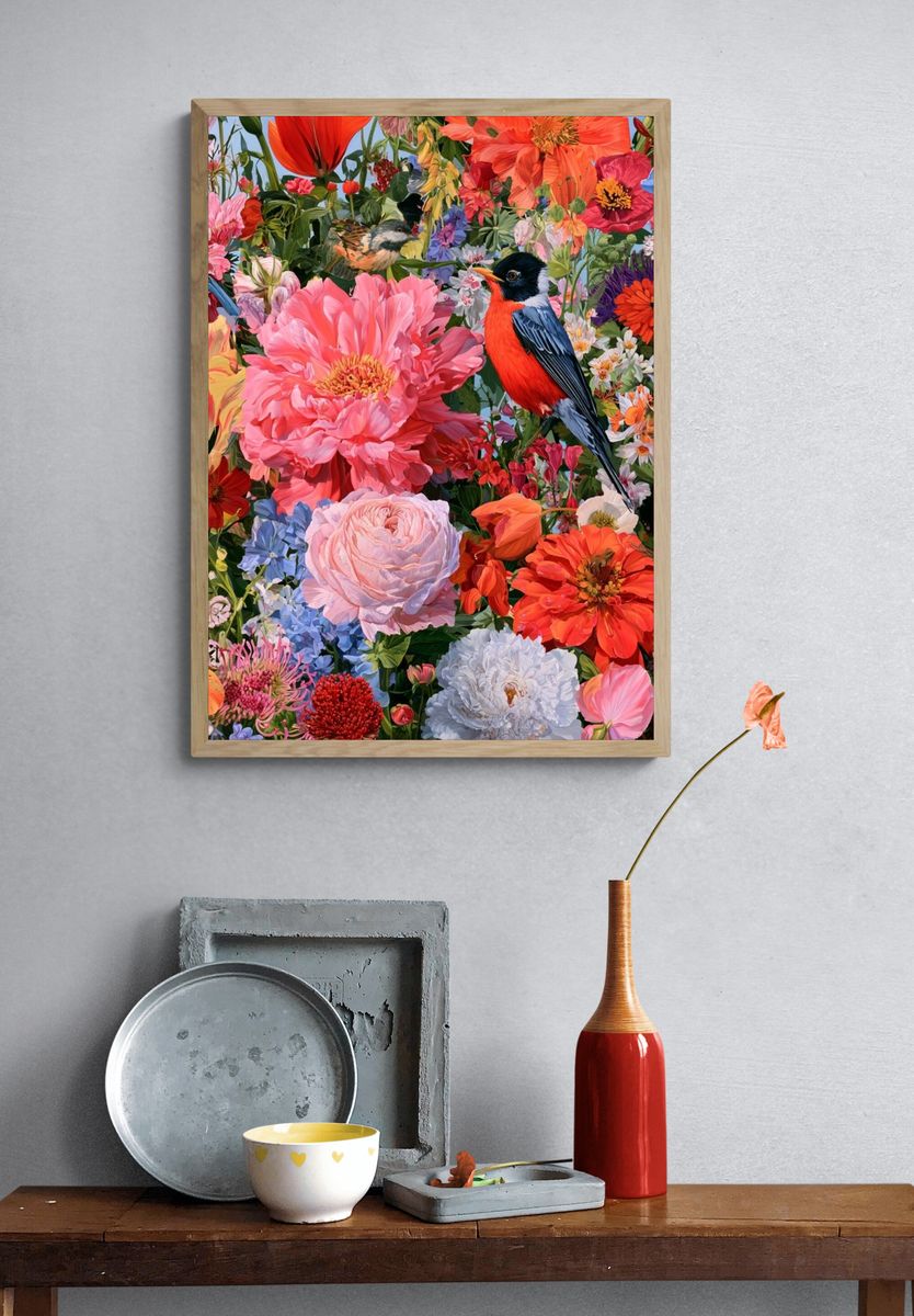 Birds in Bloom Illustration Poster. — room view 3
