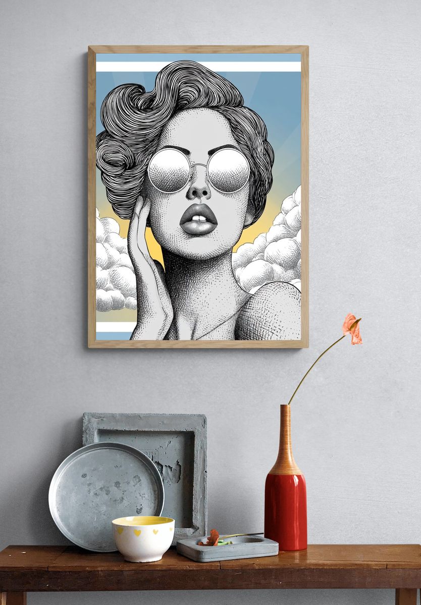 Surreal Woman in Sunglasses Print. — room view 3