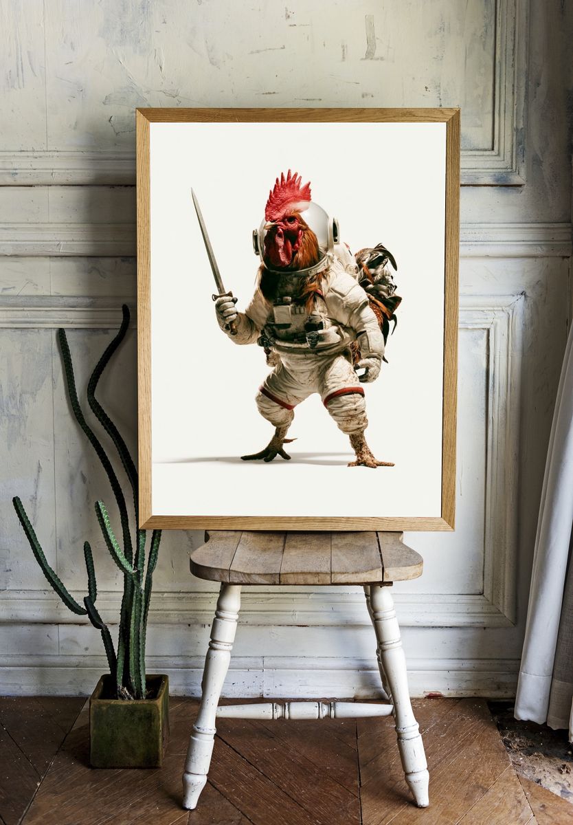 Astronaut Rooster Illustration Poster. — room view 1