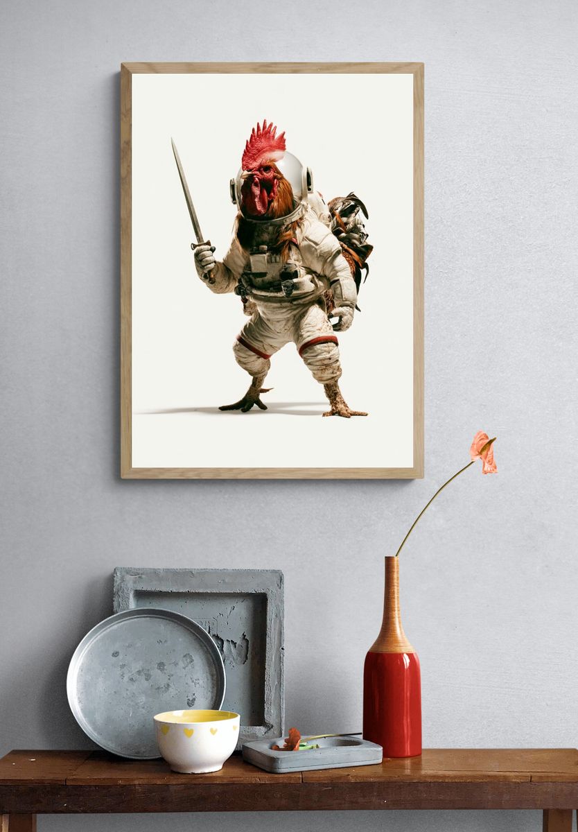 Astronaut Rooster Illustration Poster. — room view 3