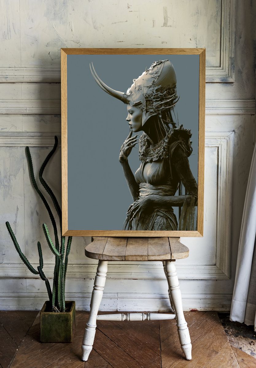 Horned Surreal Figure Print. — room view 1