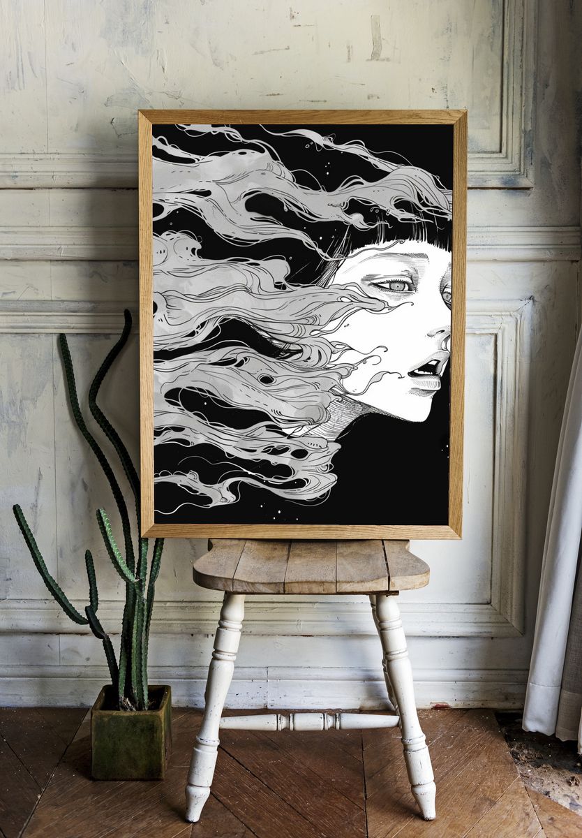 Surreal Woman in Wind Illustration Poster. room preview