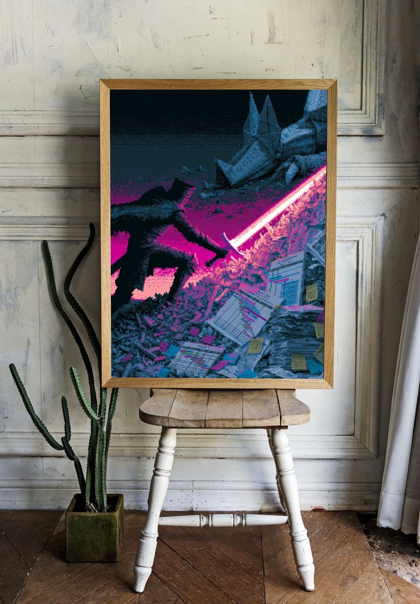 Neon Lightsaber Battle Illustration Poster. — room view 1