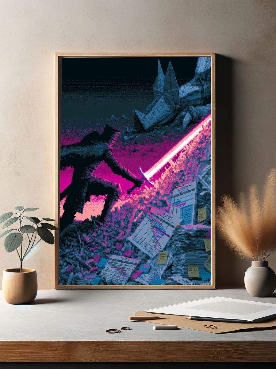 Neon Lightsaber Battle Illustration Poster. — room view 2