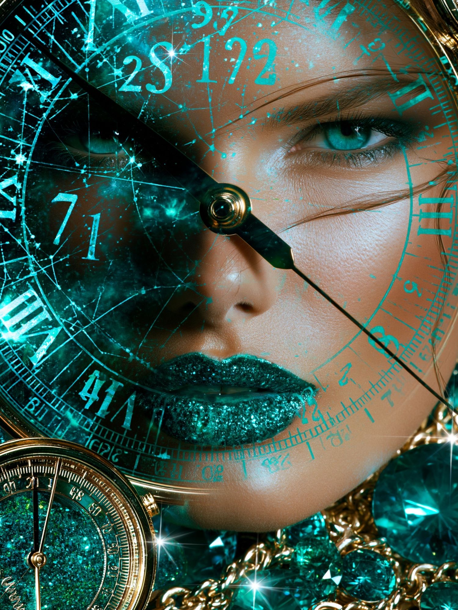 Teal Clock Face Portrait Print. poster — illustration art