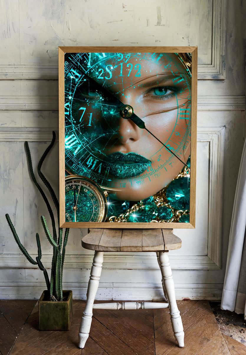 Teal Clock Face Portrait Print. room preview