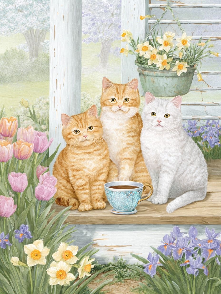 Spring Cats Garden Illustration Poster. poster — illustration art