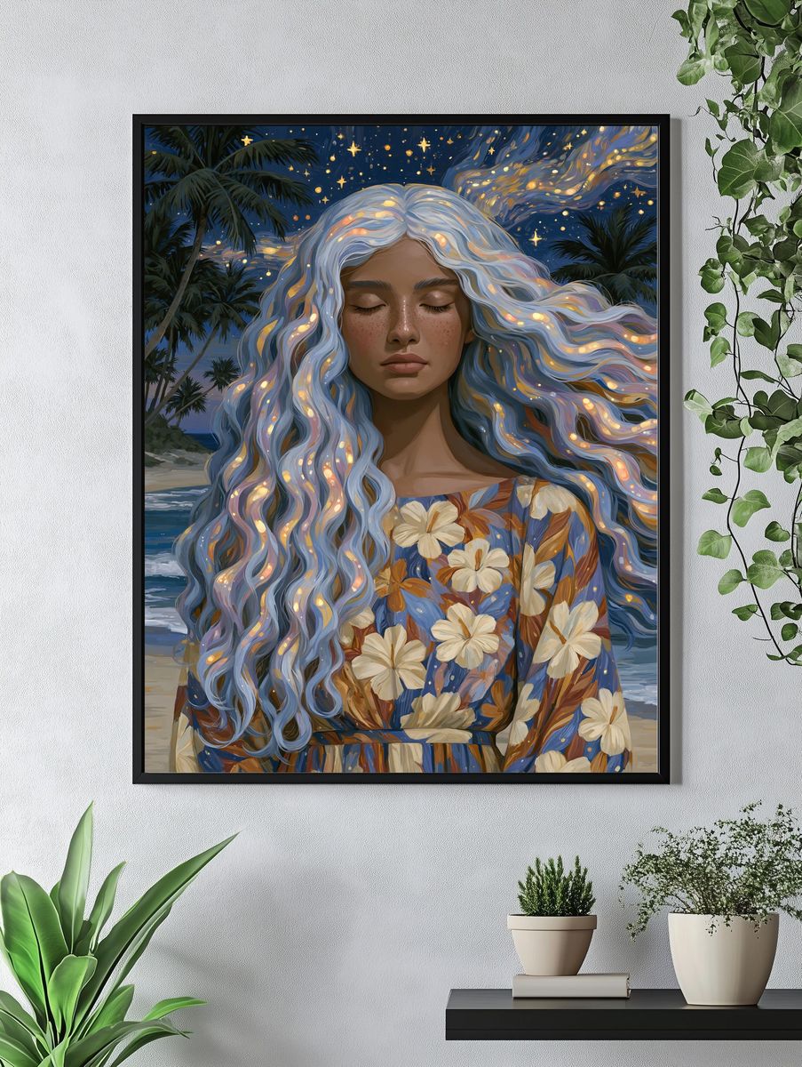 Moonlit Beach Portrait Illustration Poster. — room view 4