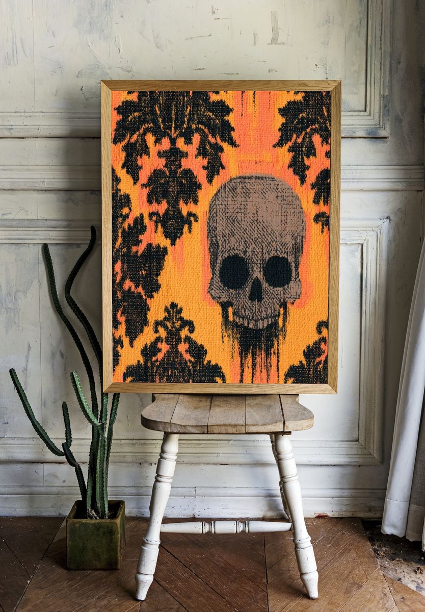 Skull on Orange Damask Illustration Poster. room preview