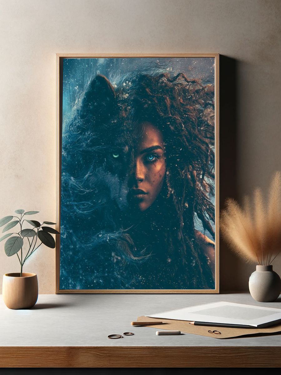 Wolf Woman Fantasy Illustration Poster. — room view 2