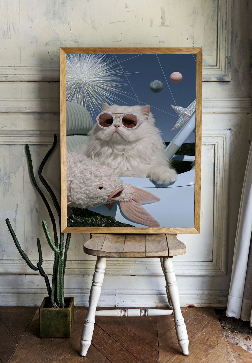 Cosmic Cat and Fish Illustration Poster. — room view 1