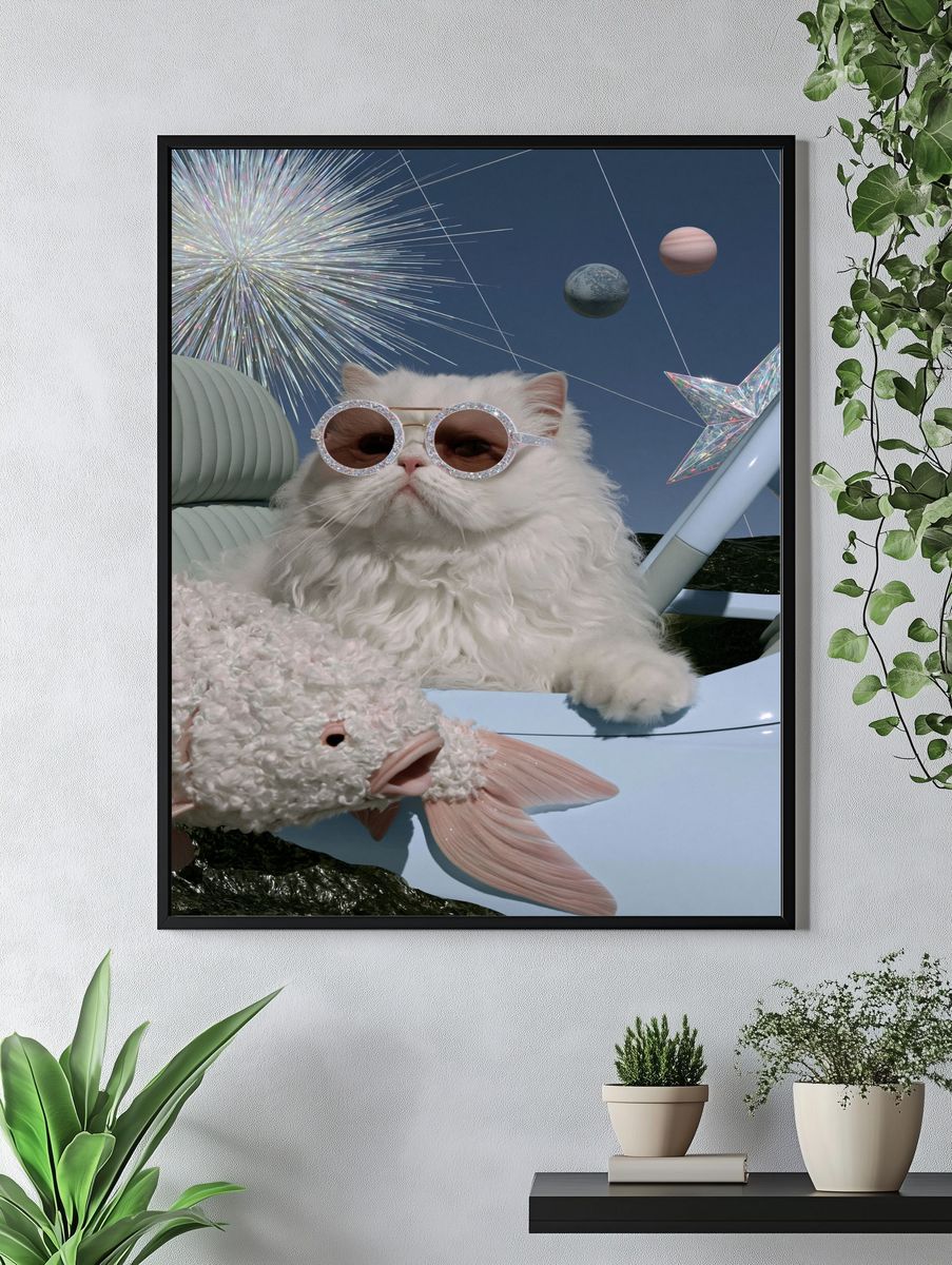 Cosmic Cat and Fish Illustration Poster. — room view 4