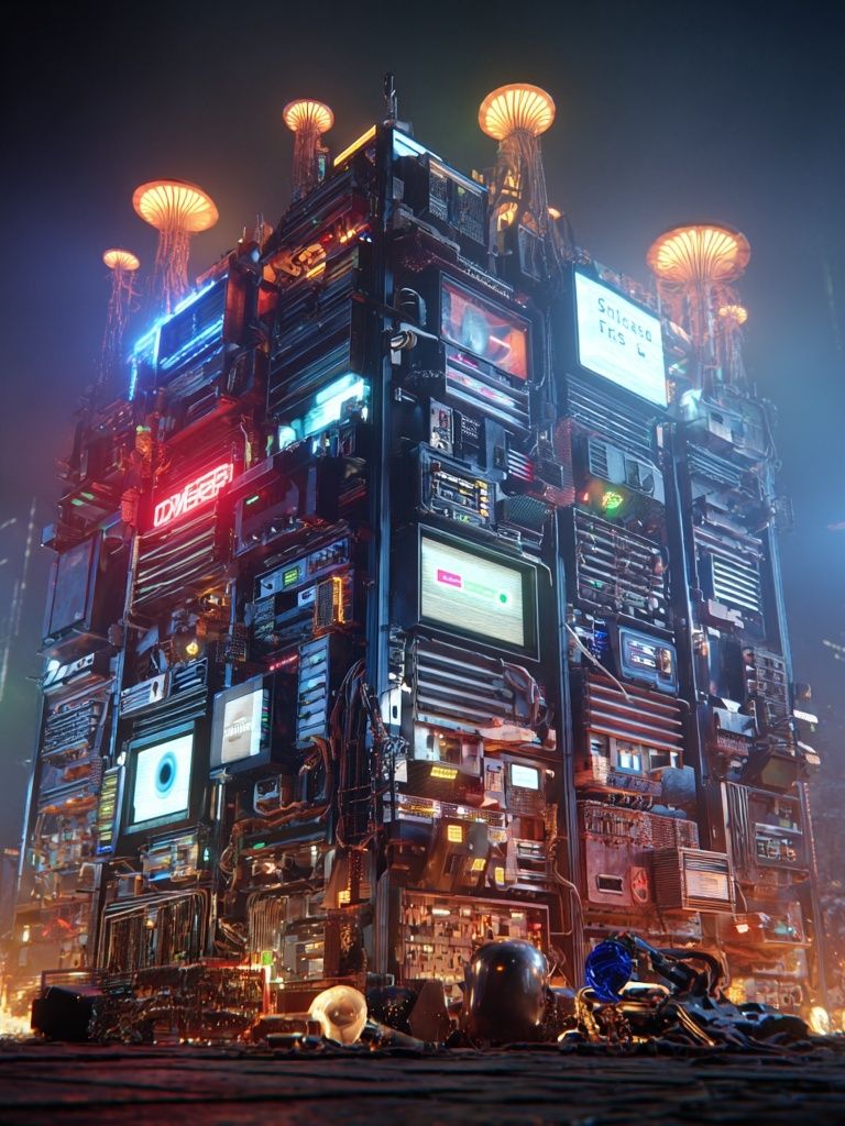 Neon Cyberpunk Tower Print. poster — illustration art