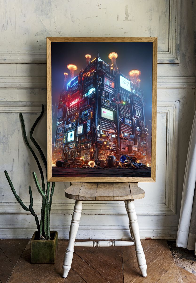 Neon Cyberpunk Tower Print. room preview